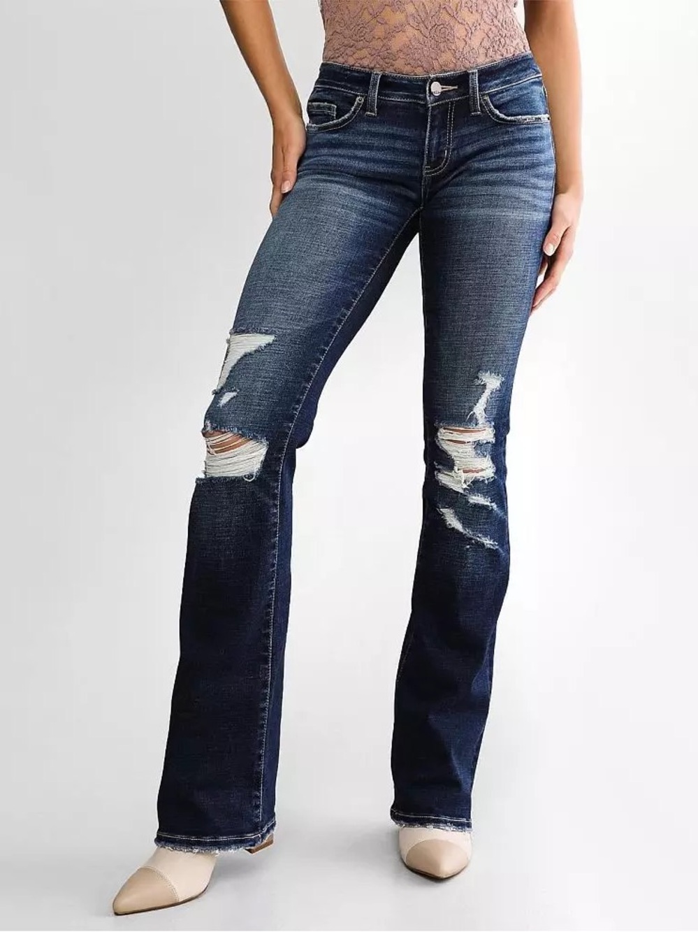 BKE Stella 27x37 Inseam Tall Low-Rise Dark Blue Wash Distressed Bootcut Jeans
